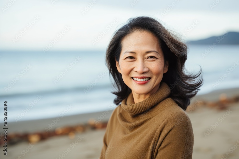 Portrait photography of a Vietnamese woman in her 50s wearing a cozy sweater against a beach background Portrait photography of a Vietnamese woman in her 50s wearing a cozy sweater against a beach background