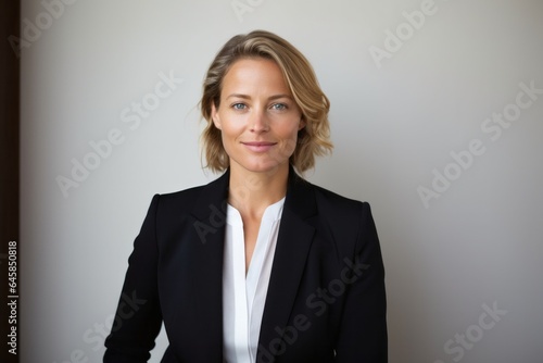 Portrait photography of a Swedish woman in her 40s wearing a sleek suit against a minimalist or empty room background photo