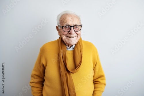 Medium shot portrait photography of a 100-year-old elderly Swedish man against a minimalist or empty room background