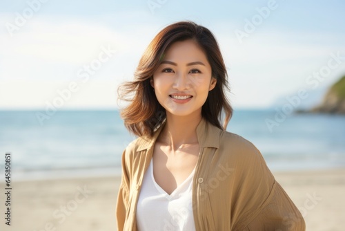 Medium shot portrait photography of a cheerful Vietnamese woman in her 30s against a beach background