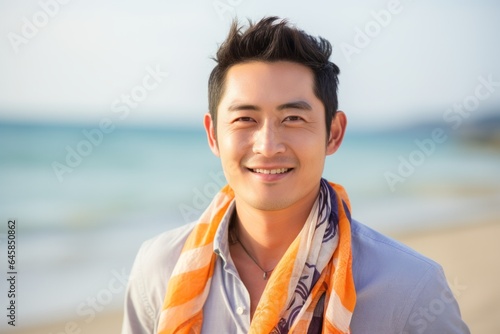 Portrait photography of a Vietnamese man in his 30s wearing a foulard against a beach background