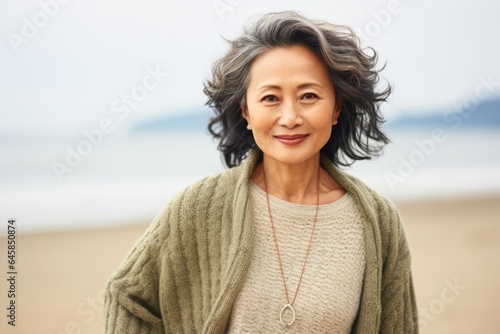 Portrait photography of a Vietnamese woman in her 40s wearing a cozy sweater against a beach background