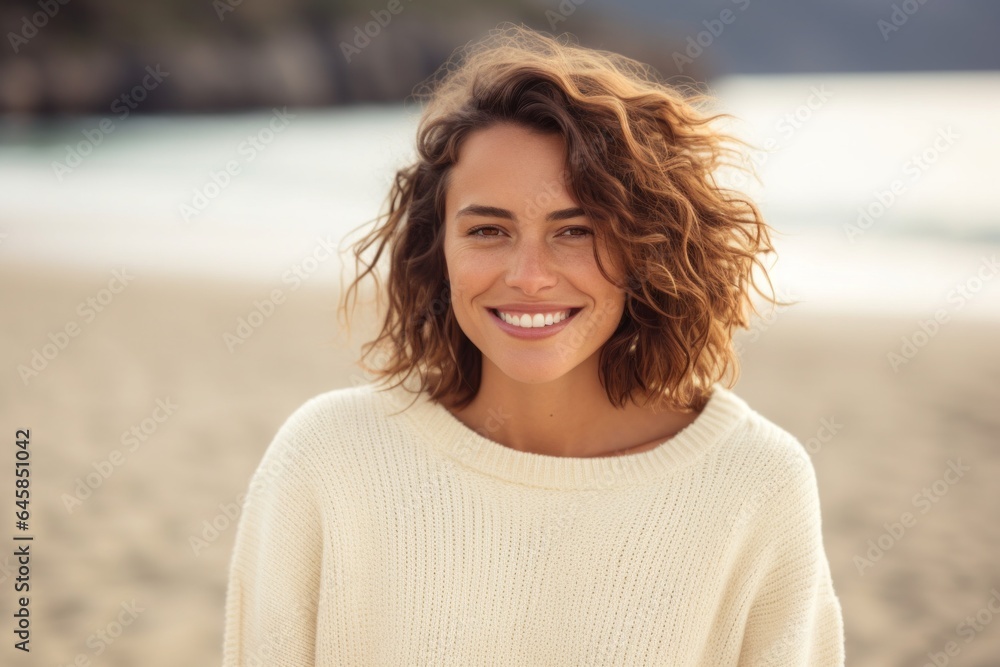 Medium shot portrait photography of a French woman in her 30s wearing a cozy sweater against a beach background
