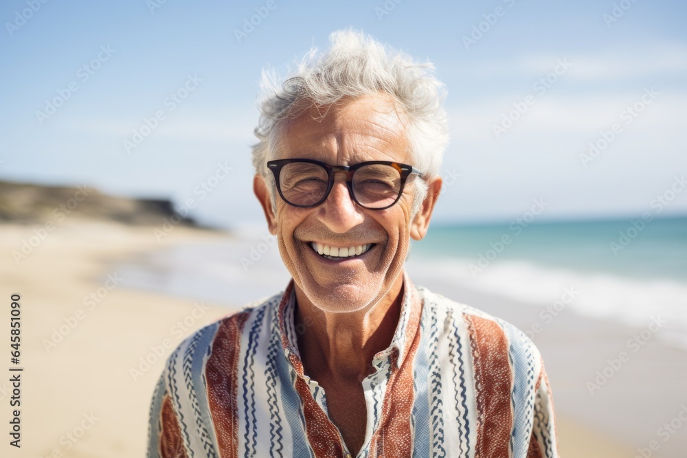 Lifestyle portrait photography of a French man in his 70s against a beach background Lifestyle portrait photography of a French man in his 70s against a beach background