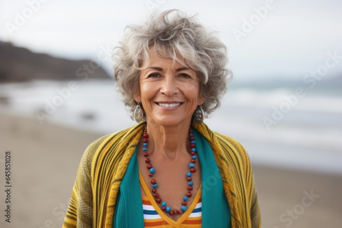 Group portrait photography of a Peruvian woman in her 60s against a beach background