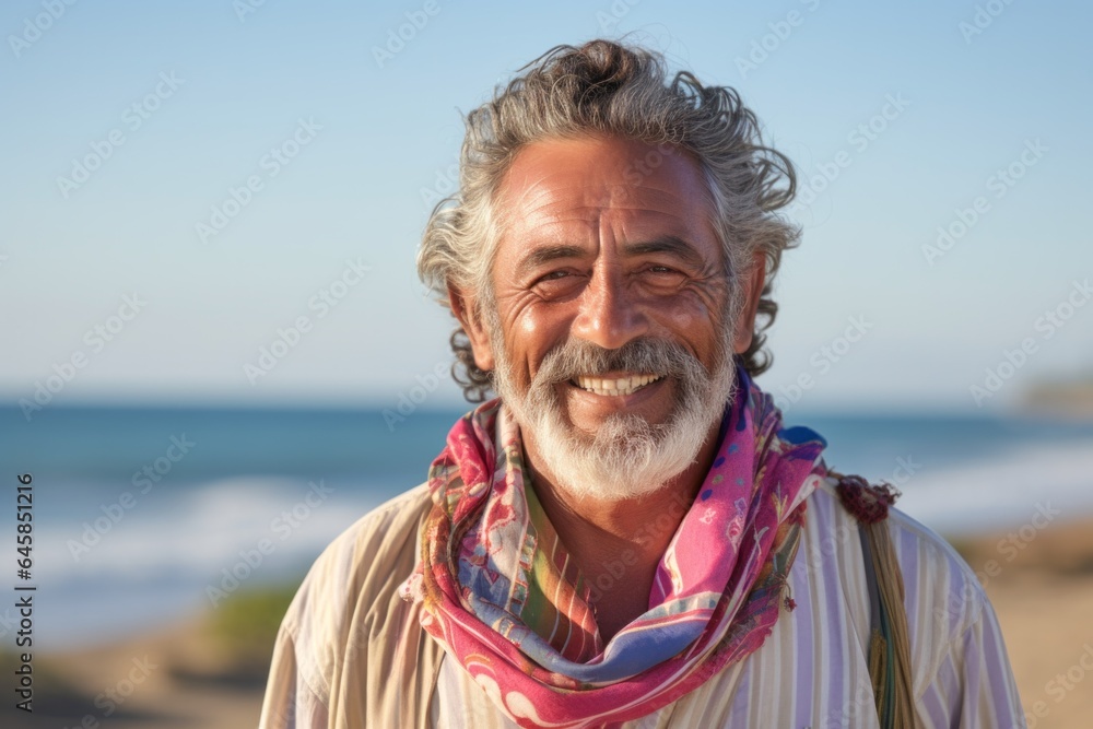 Lifestyle portrait photography of a Colombian man in his 60s wearing a foulard against a beach background Lifestyle portrait photography of a Colombian man in his 60s wearing a foulard against a beach background