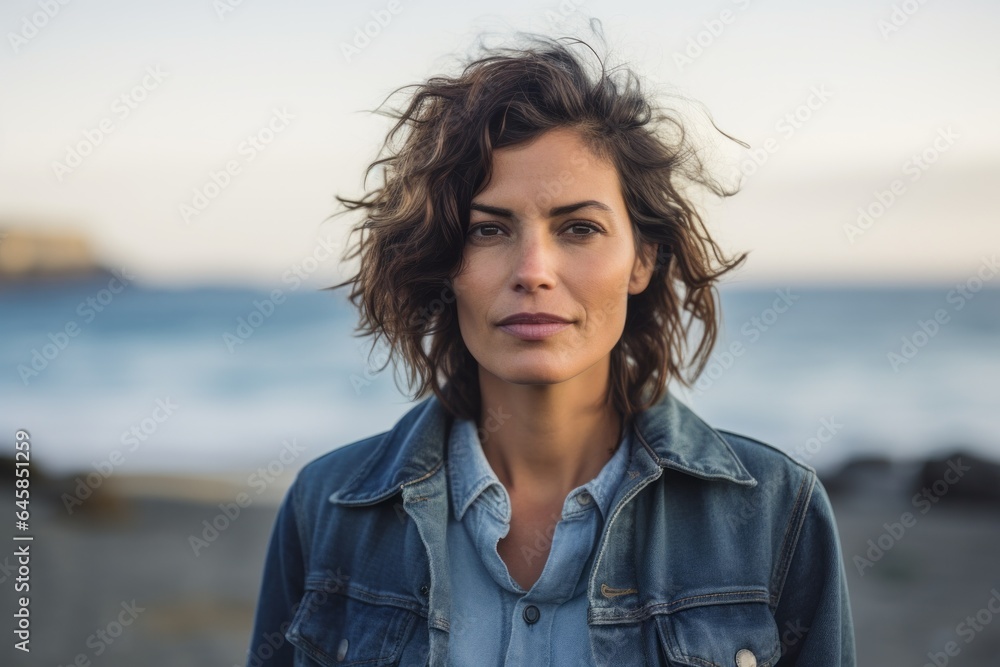 Portrait photography of a serious Italian woman in her 40s wearing a denim jacket against a beach background
