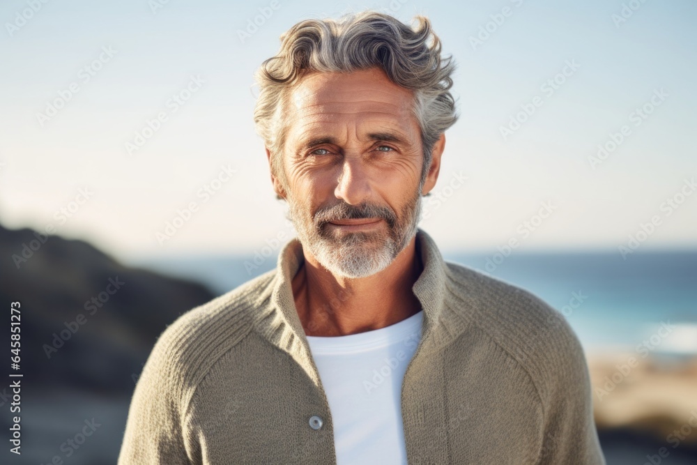 Medium shot portrait photography of a Italian man in his 50s against a beach background Medium shot portrait photography of a Italian man in his 50s against a beach background