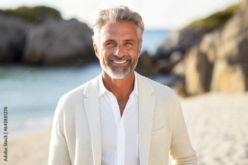 Medium shot portrait photography of a Italian man in his 50s against a beach background