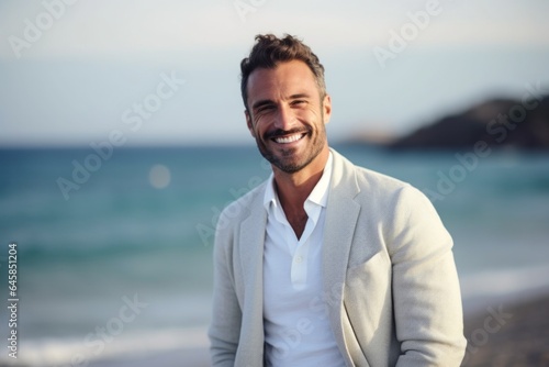 Medium shot portrait photography of a Italian man in his 30s against a beach background