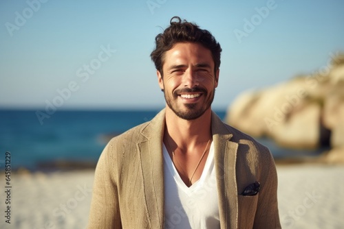 Medium shot portrait photography of a Italian man in his 30s against a beach background