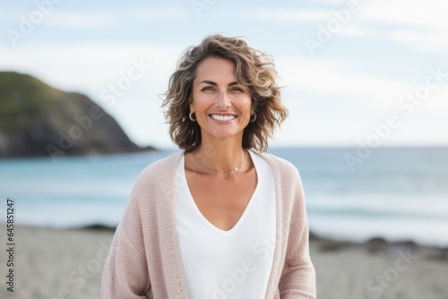 Medium shot portrait photography of a Italian woman in her 40s against a beach background