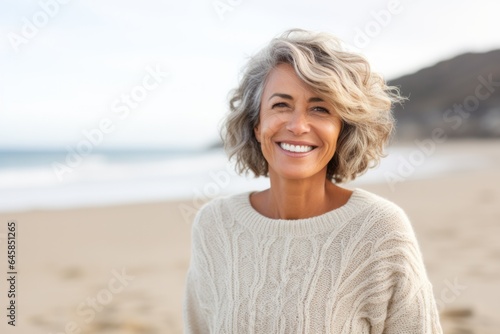 Lifestyle portrait photography of a Italian woman in her 50s wearing a cozy sweater against a beach background