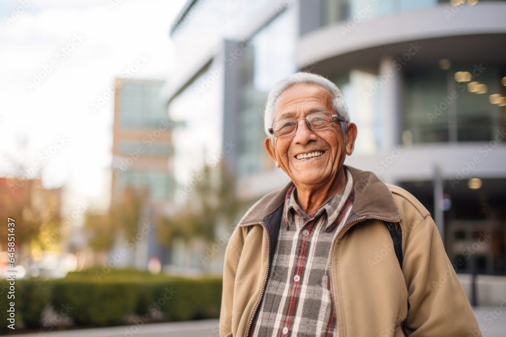 Medium shot portrait photography of a Peruvian man in his 70s against a modern architectural background Medium shot portrait photography of a Peruvian man in his 70s against a modern architectural background