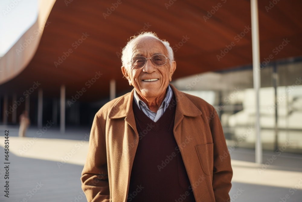 Portrait photography of a Peruvian man in his 70s against a modern architectural background Portrait photography of a Peruvian man in his 70s against a modern architectural background
