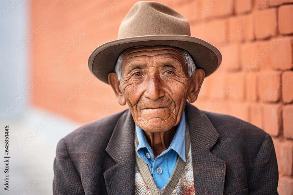 Portrait photography of a 100-year-old elderly Peruvian man against a modern architectural background Portrait photography of a 100-year-old elderly Peruvian man against a modern architectural background