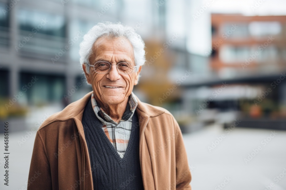 Portrait photography of a Peruvian man in his 70s against a modern architectural background Portrait photography of a Peruvian man in his 70s against a modern architectural background