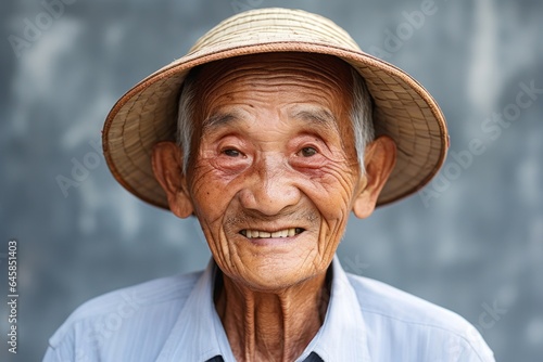 Medium shot portrait photography of a 100-year-old elderly Vietnamese man wearing a simple tunic against a modern architectural background © Anne Schaum