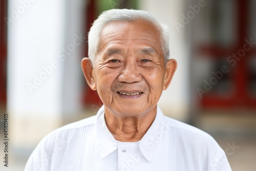 Medium shot portrait photography of a 100-year-old elderly Vietnamese man wearing a simple tunic against a modern architectural background
