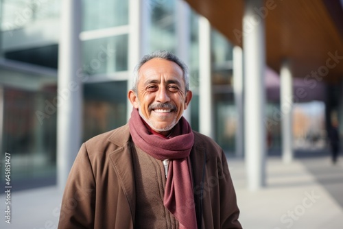 Portrait photography of a Peruvian man in his 50s against a modern architectural background