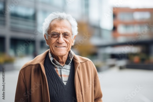 Portrait photography of a Peruvian man in his 70s against a modern architectural background