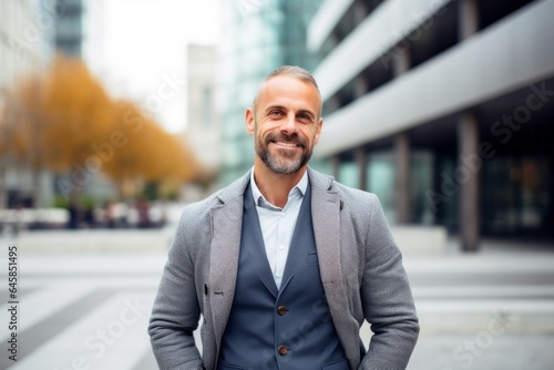 Portrait photography of a cheerful French man in his 40s against a modern architectural background