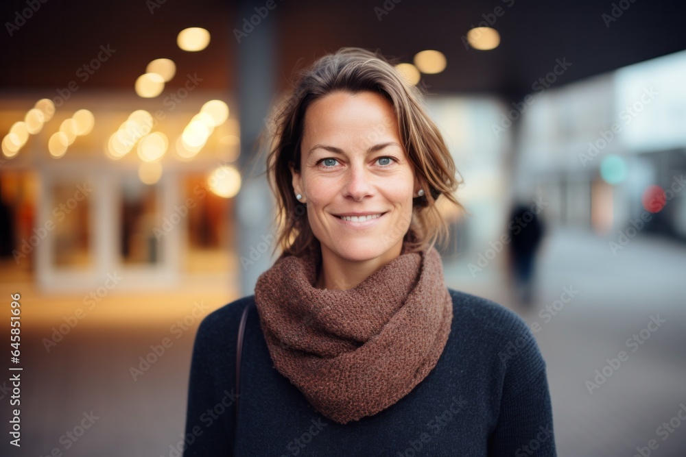 Group portrait photography of a Swedish woman in her 40s wearing a cozy sweater against a modern architectural background - obrazy, fototapety, plakaty 