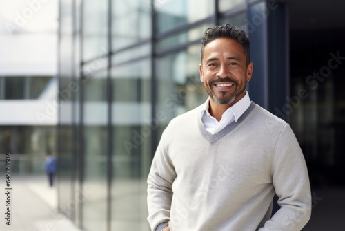 Medium shot portrait photography of a Colombian man in his 40s against a modern architectural background