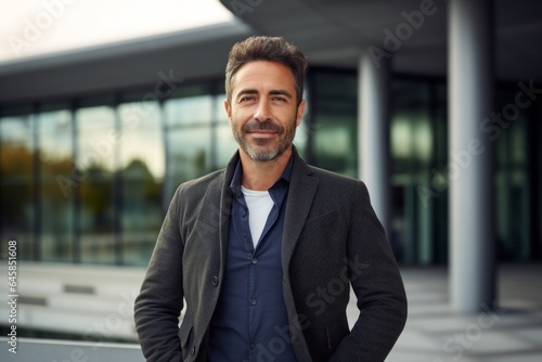 Medium shot portrait photography of a Colombian man in his 40s against a modern architectural background