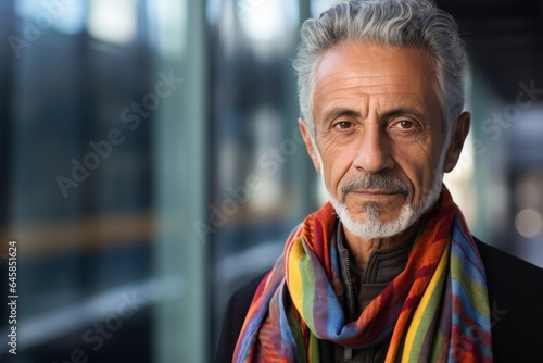 Portrait photography of a Colombian man in his 60s wearing a foulard against a modern architectural background