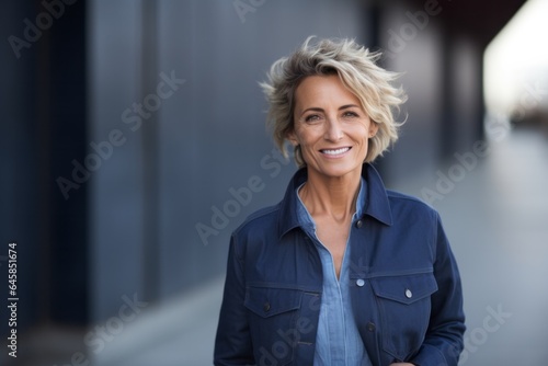 Lifestyle portrait photography of a Italian woman in her 50s wearing a denim jacket against a modern architectural background