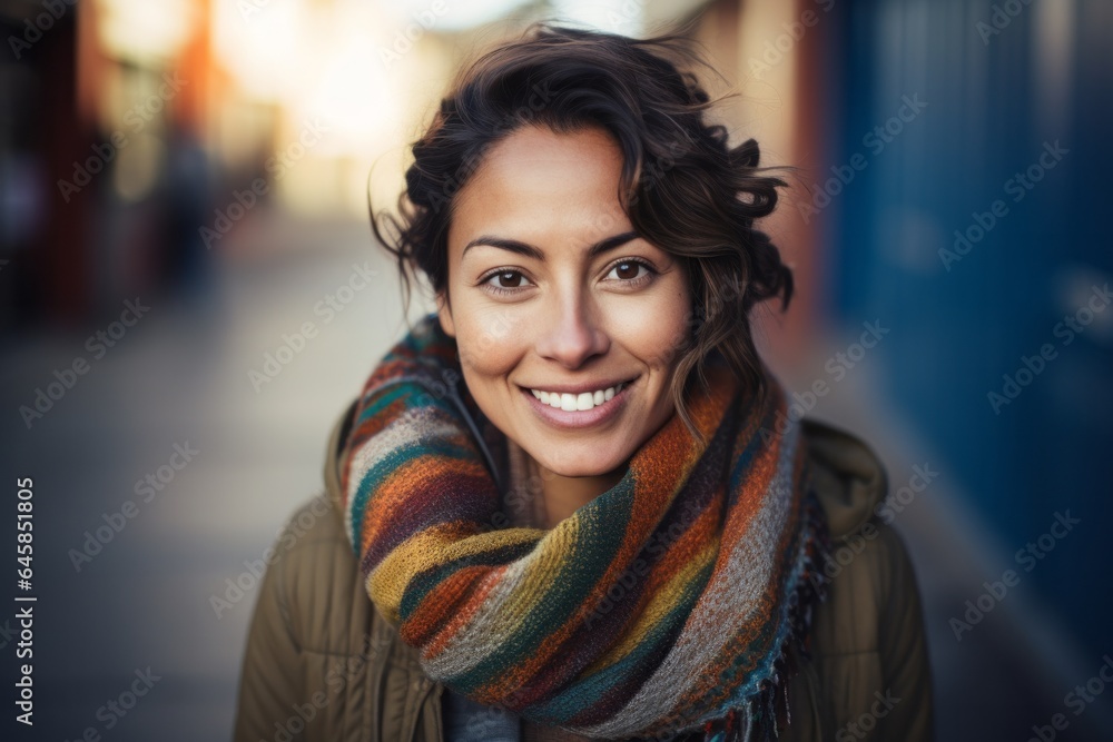 Portrait photography of a Peruvian woman in her 30s wearing a cozy sweater against an abstract background