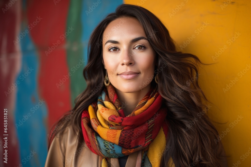 Portrait photography of a Peruvian woman in her 30s wearing a charming scarf against an abstract background