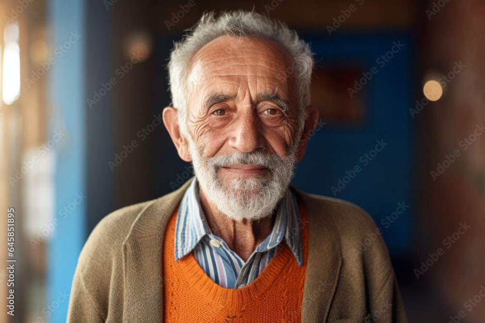 Lifestyle portrait photography of a Peruvian man in his 80s against an abstract background Lifestyle portrait photography of a Peruvian man in his 80s against an abstract background