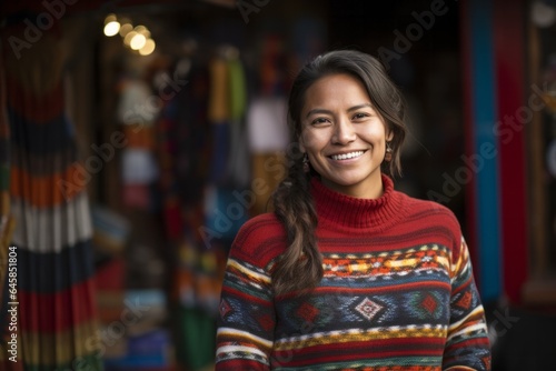 Wallpaper Mural Portrait photography of a Peruvian woman in her 30s wearing a cozy sweater against an abstract background Torontodigital.ca