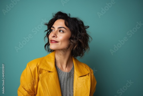 Medium shot portrait photography of a Peruvian woman in her 30s against an abstract background