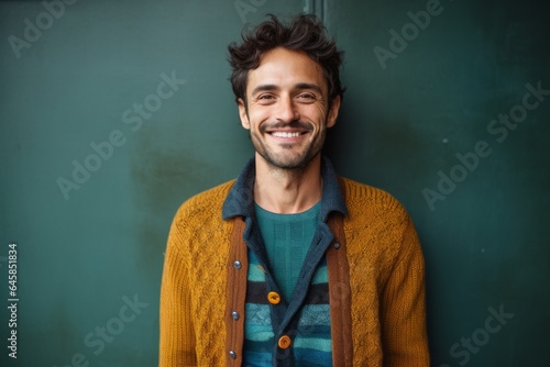 Medium shot portrait photography of a Peruvian man in his 30s against an abstract background