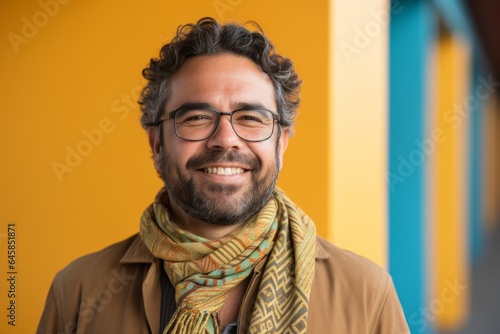 Portrait photography of a Peruvian man in his 40s wearing a foulard against an abstract background