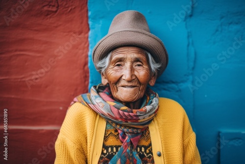 Medium shot portrait photography of a Peruvian woman in her 90s wearing a cozy sweater against an abstract background © Anne Schaum