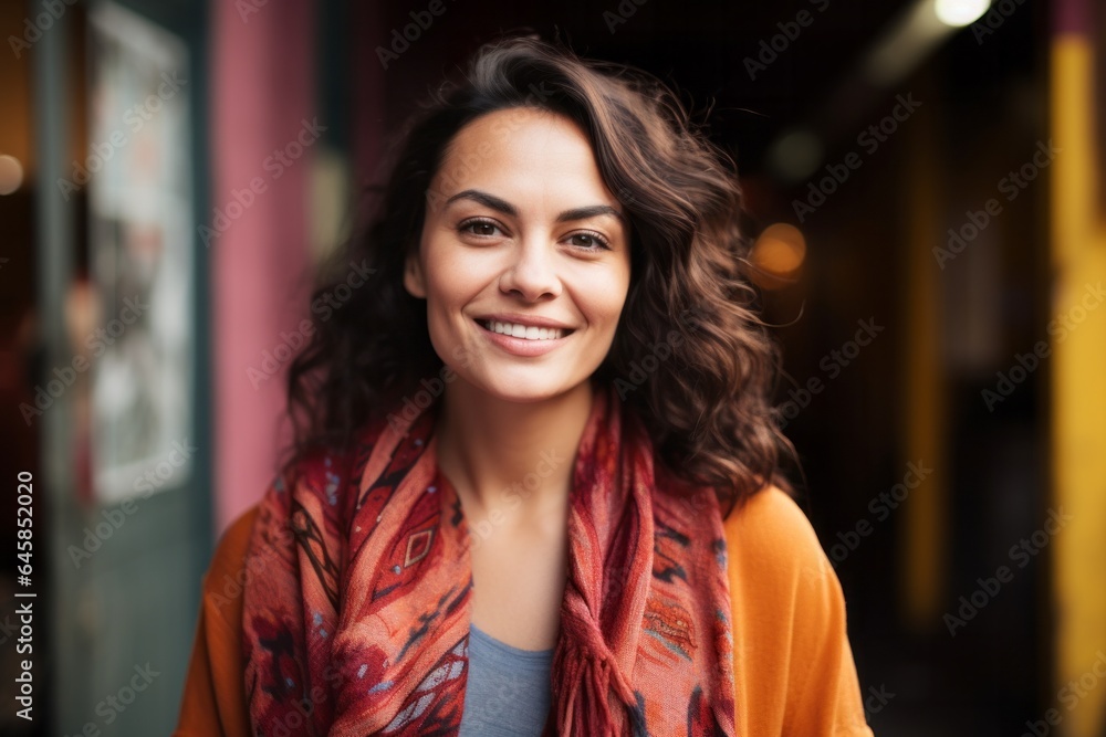 Medium shot portrait photography of a Colombian woman in her 30s against an abstract background