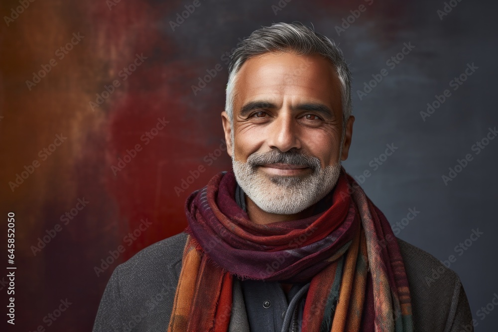 Group portrait photography of a Colombian man in his 50s wearing a charming scarf against an abstract background