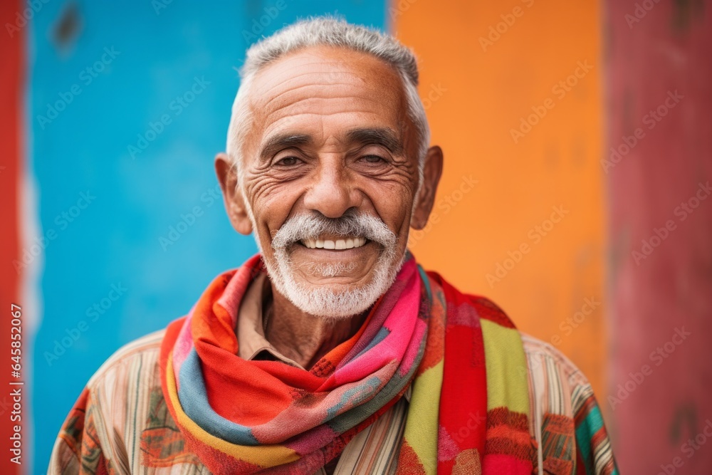 Lifestyle portrait photography of a Colombian man in his 80s wearing a foulard against an abstract background