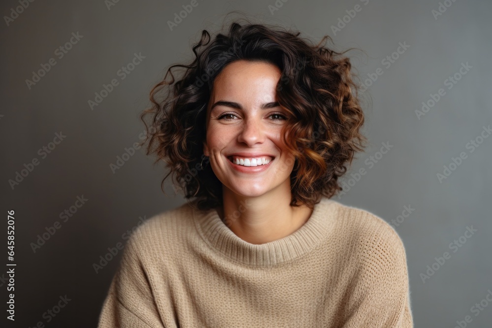 Fototapeta premium Medium shot portrait photography of a Italian woman in her 30s wearing a cozy sweater against an abstract background