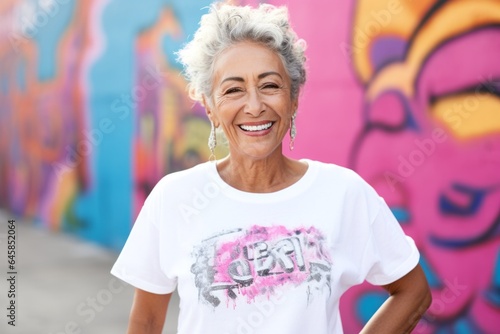 Lifestyle portrait photography of a Colombian woman in her 60s wearing a casual t-shirt against an abstract background