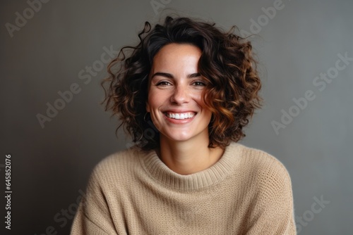 Medium shot portrait photography of a Italian woman in her 30s wearing a cozy sweater against an abstract background © Anne Schaum