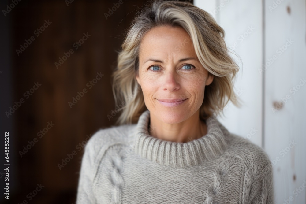 Portrait photography of a Swedish woman in her 40s wearing a cozy sweater against an abstract background Portrait photography of a Swedish woman in her 40s wearing a cozy sweater against an abstract background