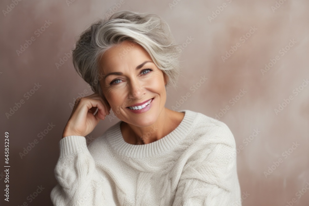 Portrait photography of a Swedish woman in her 50s wearing a cozy sweater against an abstract background Portrait photography of a Swedish woman in her 50s wearing a cozy sweater against an abstract background