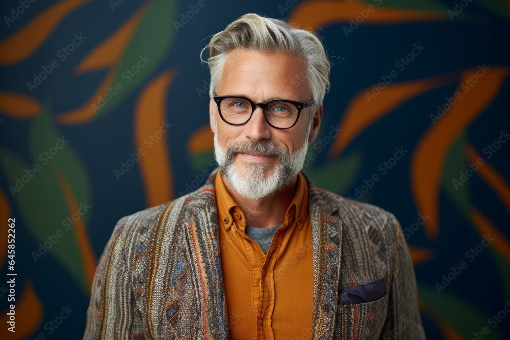 Medium shot portrait photography of a Swedish man in his 50s against an abstract background