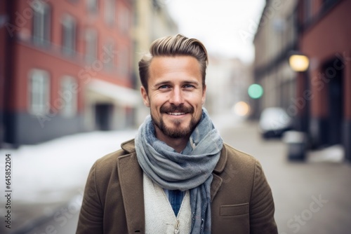 Medium shot portrait photography of a Swedish man in his 30s wearing a foulard against an abstract background