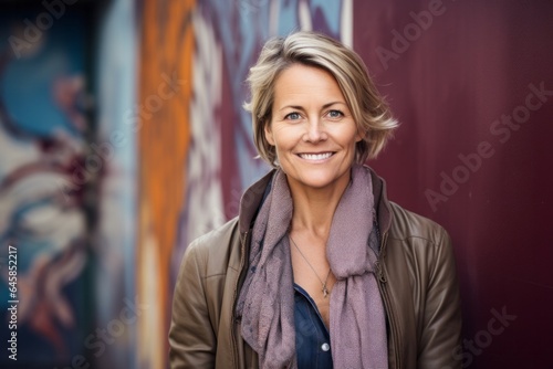 Portrait photography of a Swedish woman in her 40s against an abstract background photo